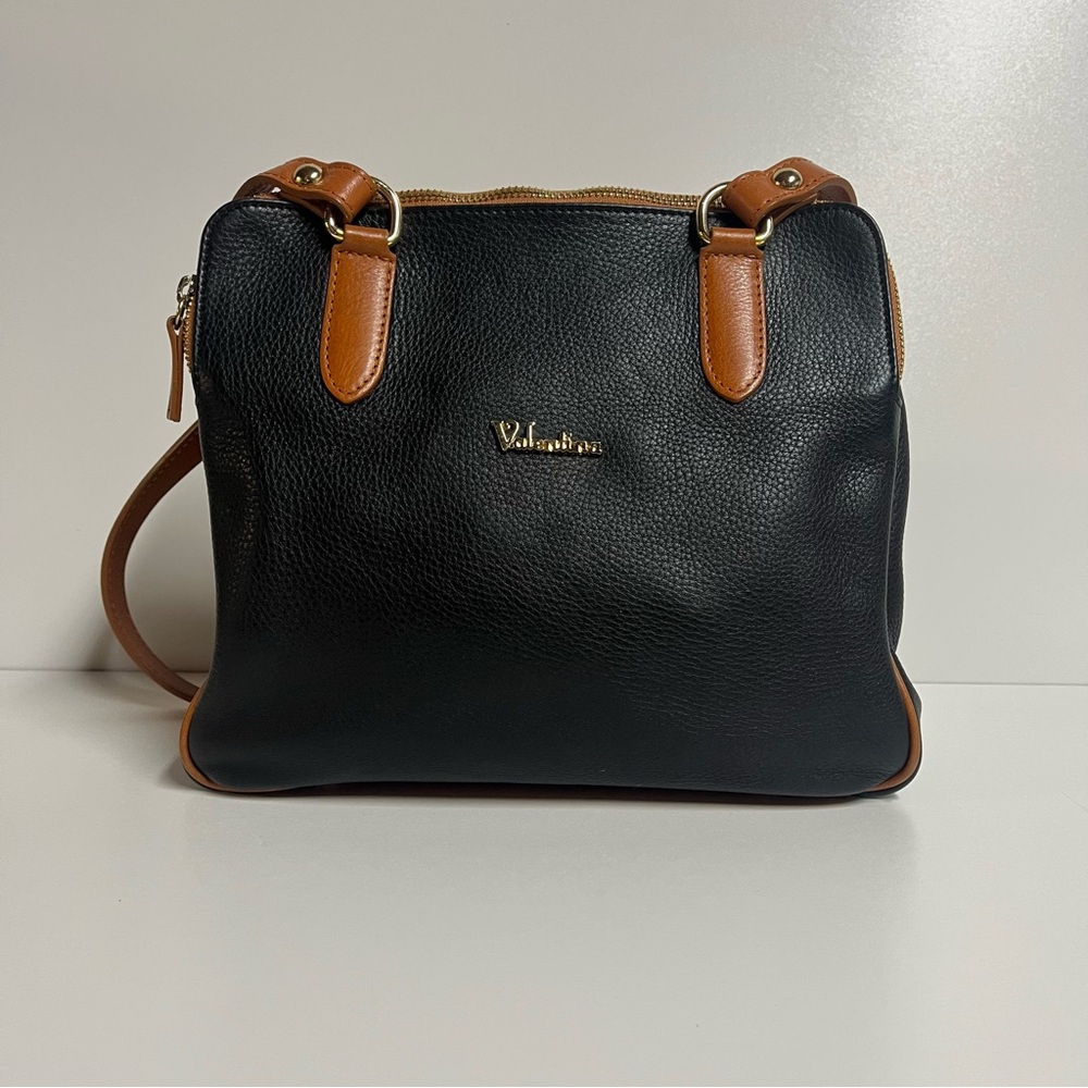 Valentina Black and Tan Pebbled Leather  Shoulder Bag